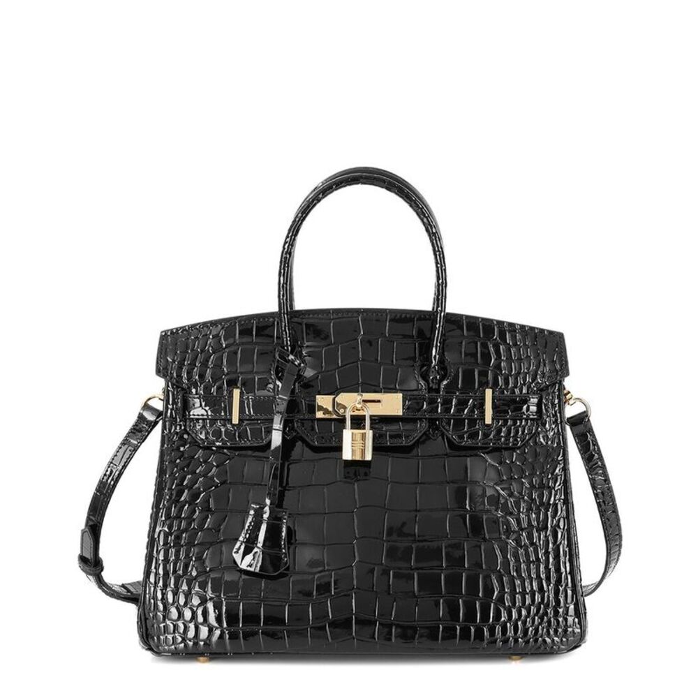 Classic Black Croc-Embossed Satchel with Gold Hardware
